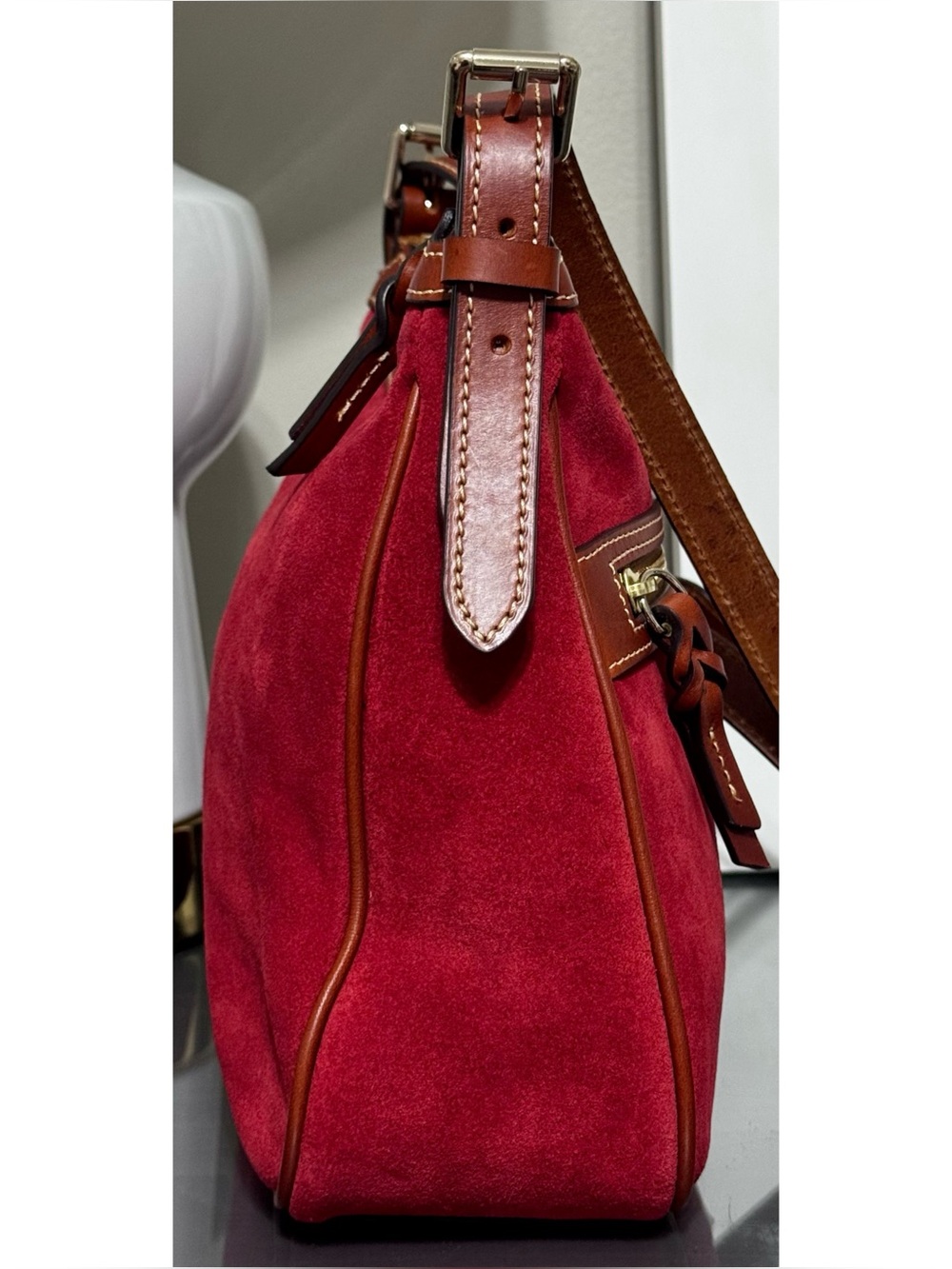 Dooney & Bourke Red Suede Letter Carrier Crossbody Bag Brown Leather - Picture 4 of 10